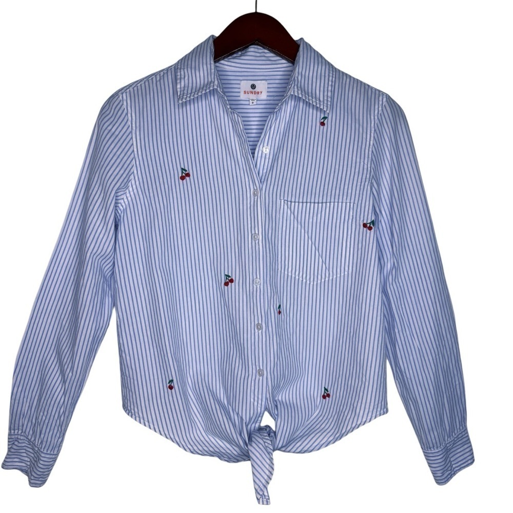 SUNDRY Cherry Embroidered Tie Hem Shirt Size XS in Blue Stripe
